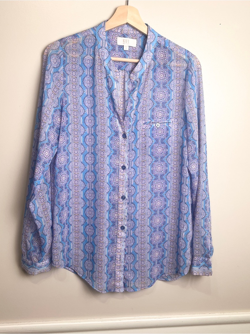 Kut from the Kloth NWOT Sheer Button-up Shirt Blue Purple Geometric Boho, M
